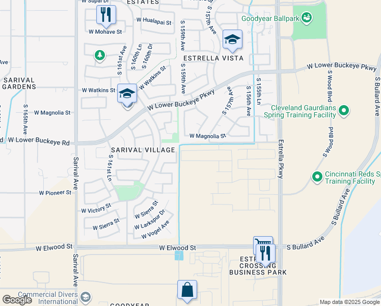 map of restaurants, bars, coffee shops, grocery stores, and more near 15701-15933 West Lower Buckeye Road in Goodyear