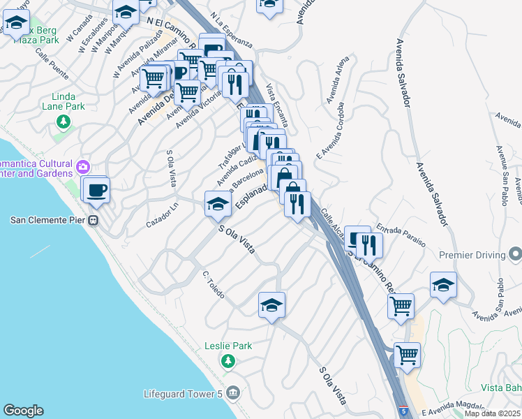 map of restaurants, bars, coffee shops, grocery stores, and more near 112 West Paseo De Cristobal in San Clemente