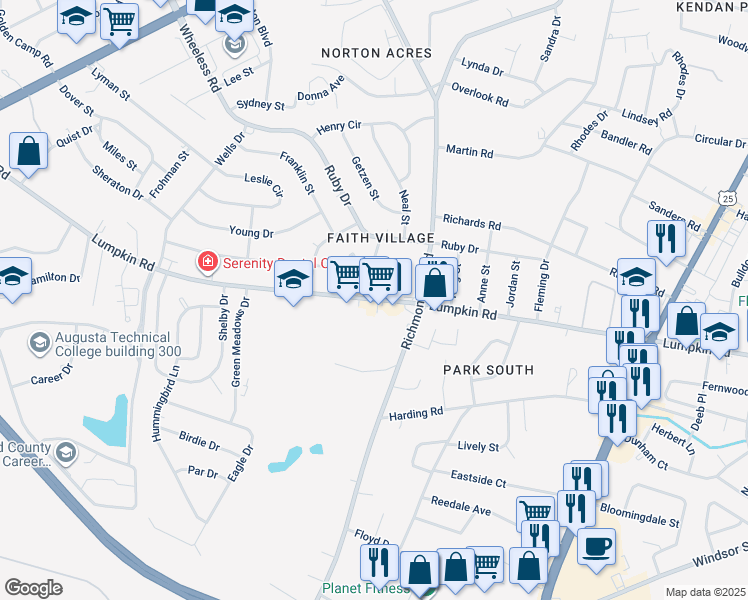 map of restaurants, bars, coffee shops, grocery stores, and more near 2322 Lumpkin Rd in Augusta