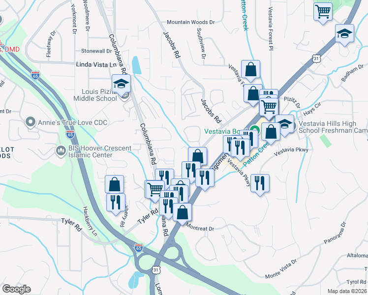 map of restaurants, bars, coffee shops, grocery stores, and more near 3032 Massey Road in Vestavia Hills