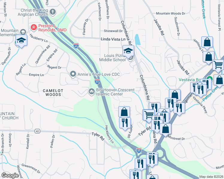 map of restaurants, bars, coffee shops, grocery stores, and more near 549 Hackberry Ridge Trace in Birmingham