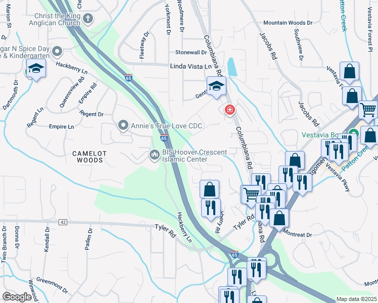 map of restaurants, bars, coffee shops, grocery stores, and more near 549 Hackberry Ridge Trace in Birmingham