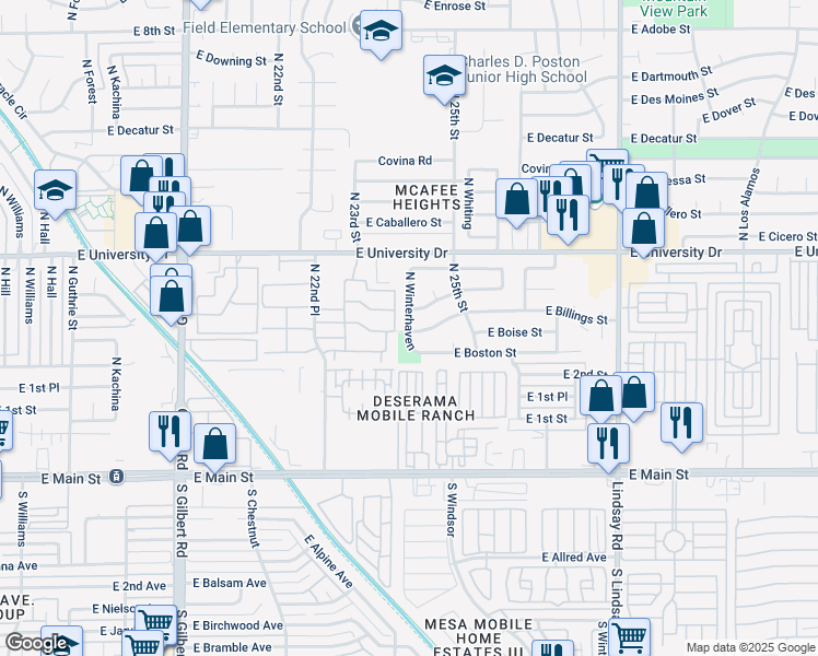 map of restaurants, bars, coffee shops, grocery stores, and more near 231 North Winterhaven in Mesa