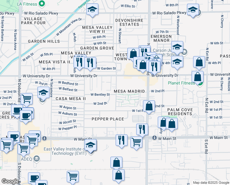 map of restaurants, bars, coffee shops, grocery stores, and more near 1406 West Bentley Street in Mesa