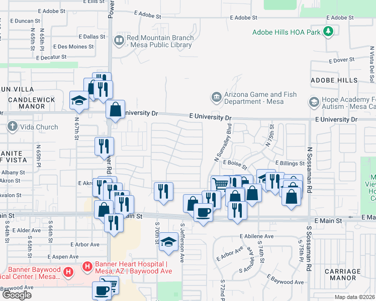 map of restaurants, bars, coffee shops, grocery stores, and more near East 6th Avenue in Mesa