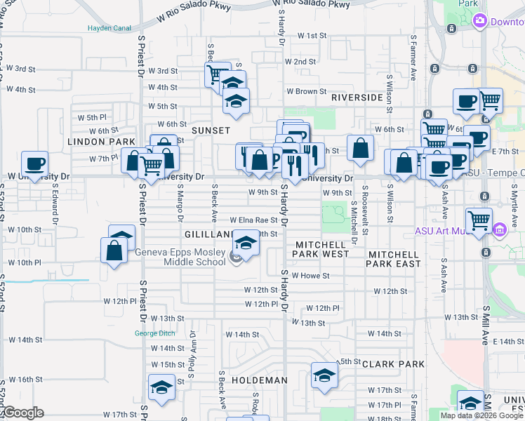 map of restaurants, bars, coffee shops, grocery stores, and more near 1046 West Elna Rae Street in Tempe
