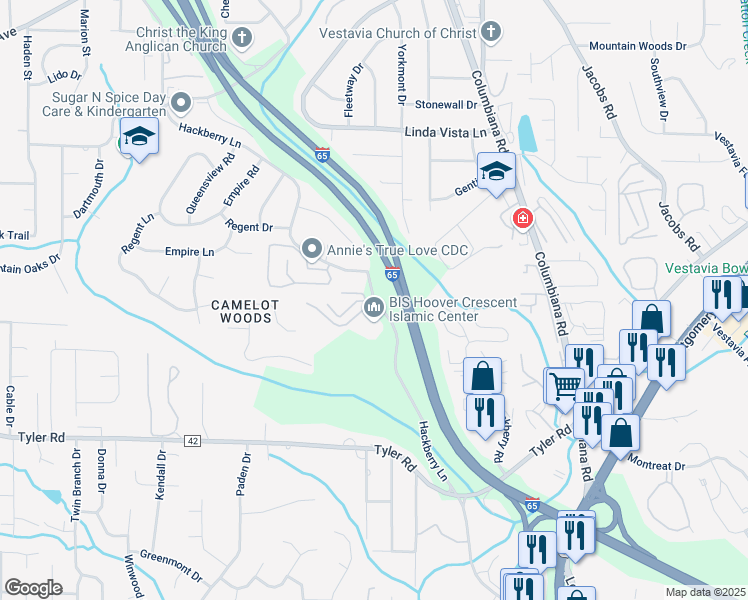 map of restaurants, bars, coffee shops, grocery stores, and more near 2518 Hackberry Lane in Hoover