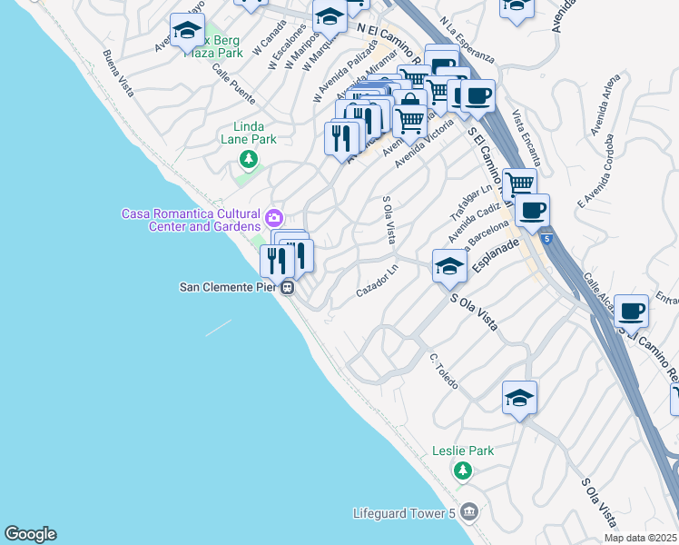 map of restaurants, bars, coffee shops, grocery stores, and more near 506 Avenida Victoria in San Clemente