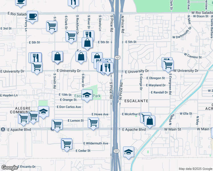 map of restaurants, bars, coffee shops, grocery stores, and more near 2143 East Center Lane in Tempe