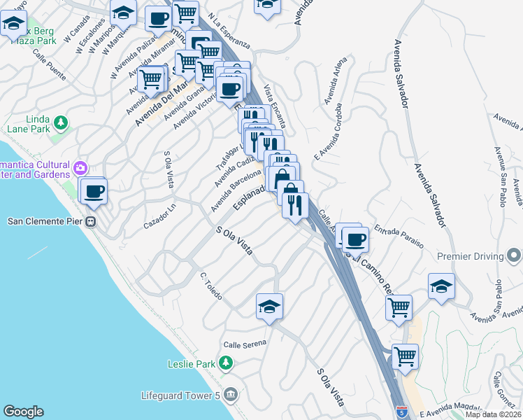 map of restaurants, bars, coffee shops, grocery stores, and more near 111 West Avenida Santiago in San Clemente