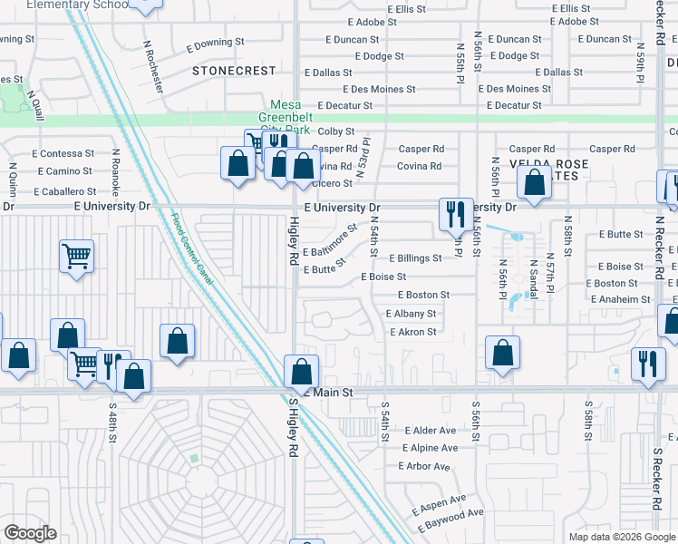 map of restaurants, bars, coffee shops, grocery stores, and more near 5301 East Butte Street in Mesa