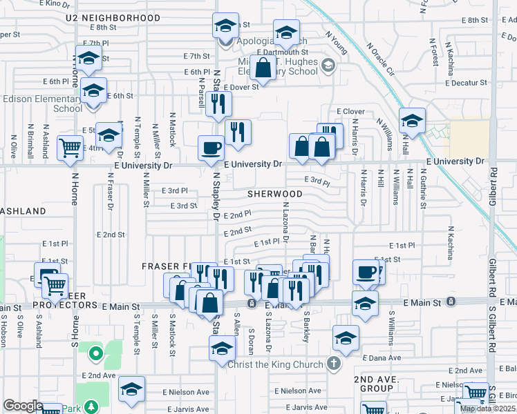 map of restaurants, bars, coffee shops, grocery stores, and more near 1323 East 2nd Place in Mesa