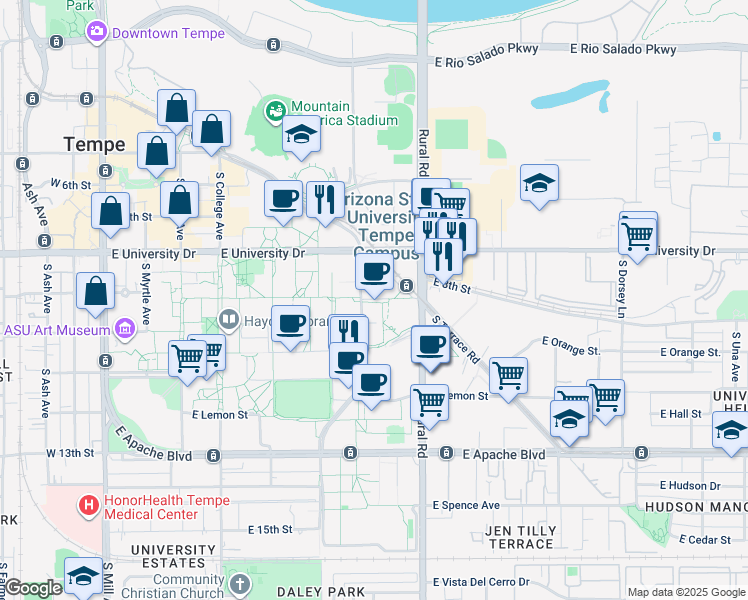 map of restaurants, bars, coffee shops, grocery stores, and more near 797 East Tyler Street in Tempe