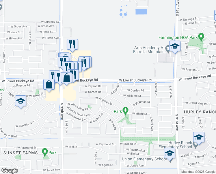 map of restaurants, bars, coffee shops, grocery stores, and more near 2909 South 95th Lane in Tolleson