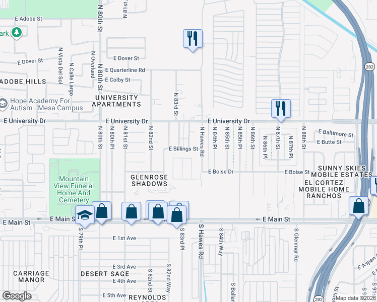 map of restaurants, bars, coffee shops, grocery stores, and more near 8321 East Billings Street in Mesa