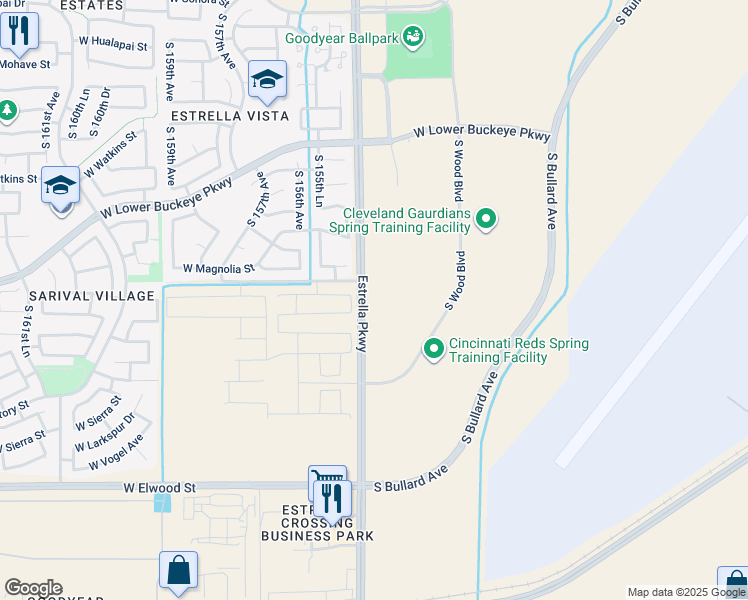 map of restaurants, bars, coffee shops, grocery stores, and more near 2999 Estrella Parkway in Goodyear