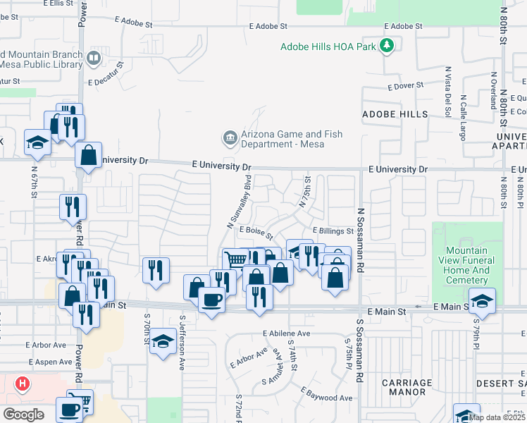 map of restaurants, bars, coffee shops, grocery stores, and more near 234 North 75th Street in Mesa