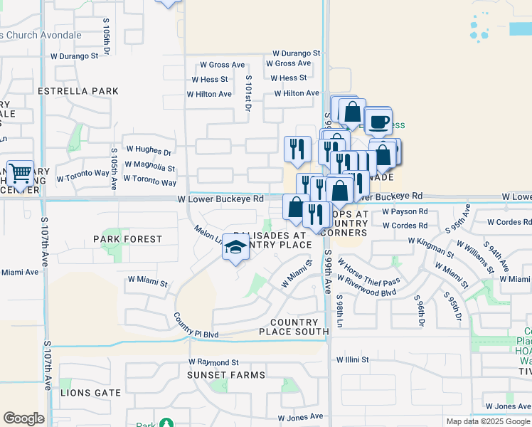 map of restaurants, bars, coffee shops, grocery stores, and more near 2809 South 101st Avenue in Tolleson