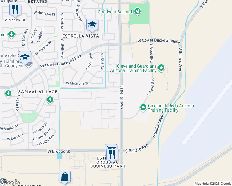 map of restaurants, bars, coffee shops, grocery stores, and more near 15541-15675 West Lower Buckeye Road in Goodyear