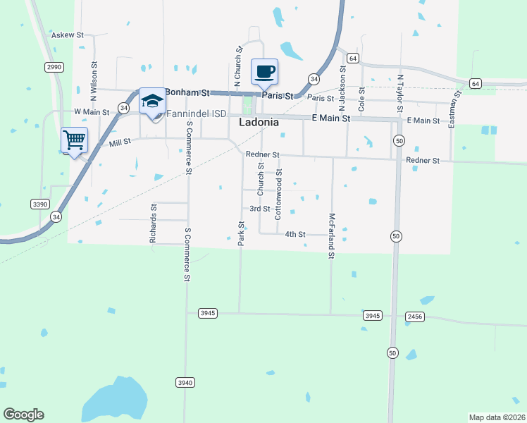 map of restaurants, bars, coffee shops, grocery stores, and more near 501 Church Street in Ladonia