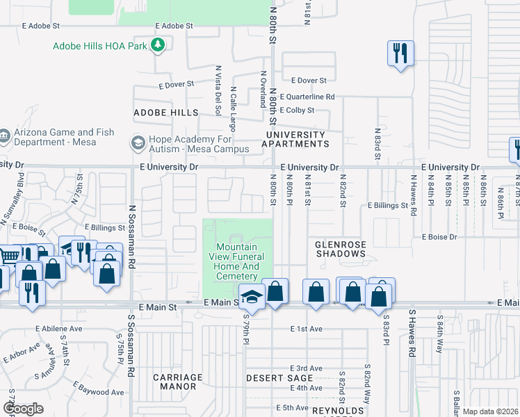 map of restaurants, bars, coffee shops, grocery stores, and more near 7931 East Boise Street in Mesa