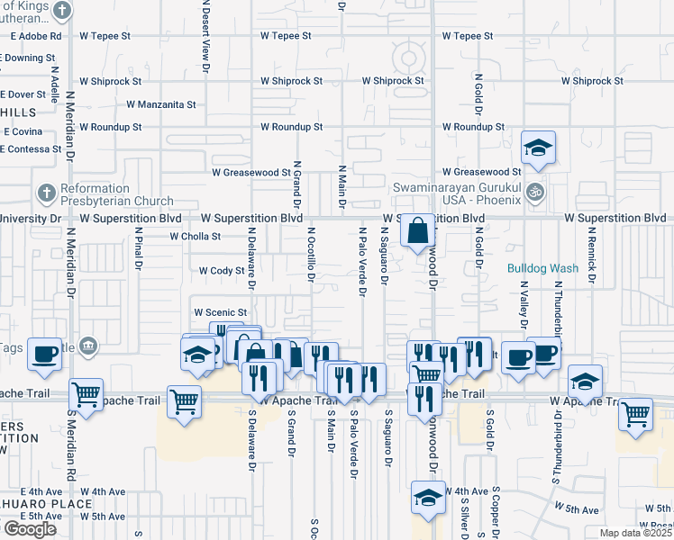 map of restaurants, bars, coffee shops, grocery stores, and more near 545 North Ocotillo Drive in Apache Junction