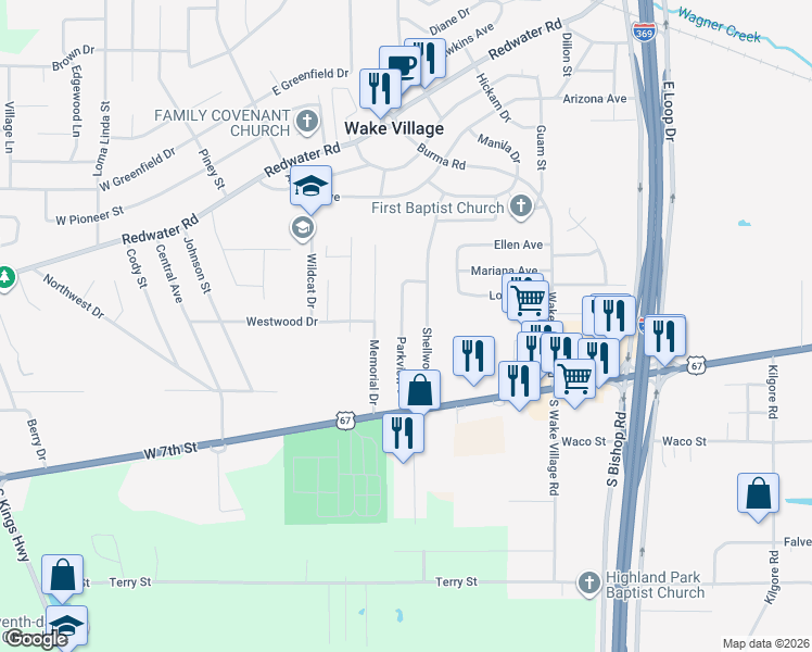 map of restaurants, bars, coffee shops, grocery stores, and more near 315 Parkview Lane in Wake Village