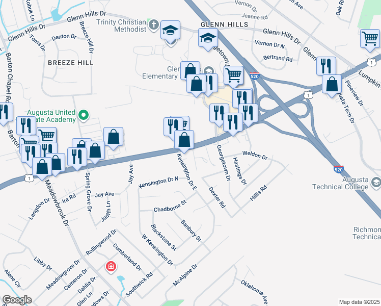 map of restaurants, bars, coffee shops, grocery stores, and more near 2500 Perrin Road in Augusta