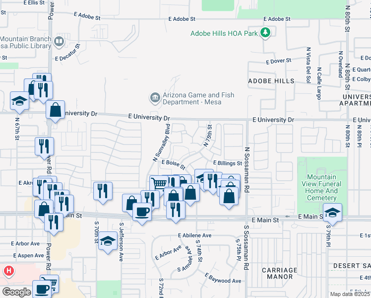 map of restaurants, bars, coffee shops, grocery stores, and more near 234 North 75th Street in Mesa