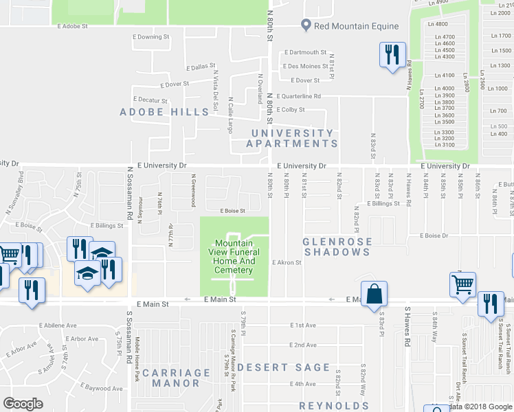 map of restaurants, bars, coffee shops, grocery stores, and more near 7931 East Boise Street in Mesa
