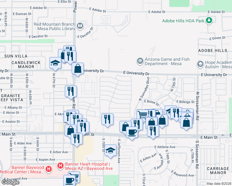 map of restaurants, bars, coffee shops, grocery stores, and more near East 6th Avenue in Mesa