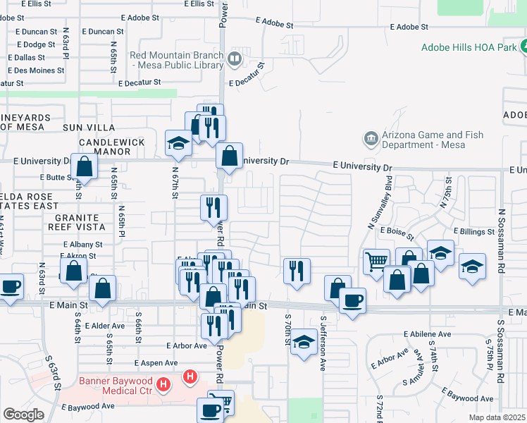 map of restaurants, bars, coffee shops, grocery stores, and more near 6863 East Boise Street in Mesa