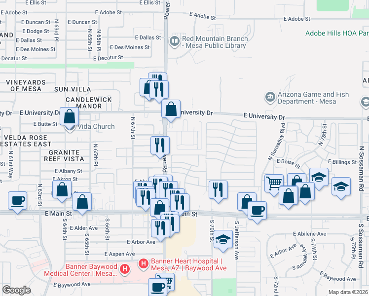 map of restaurants, bars, coffee shops, grocery stores, and more near 6863 East Boise Street in Mesa