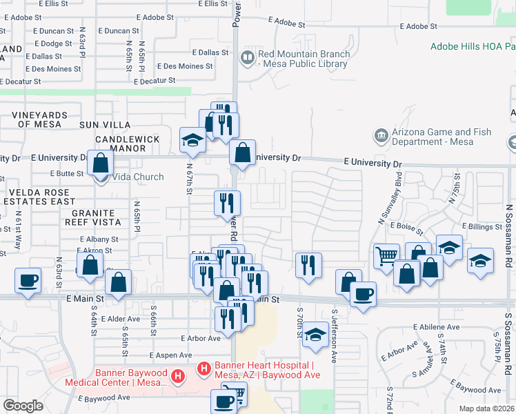map of restaurants, bars, coffee shops, grocery stores, and more near 6863 East Boise Street in Mesa