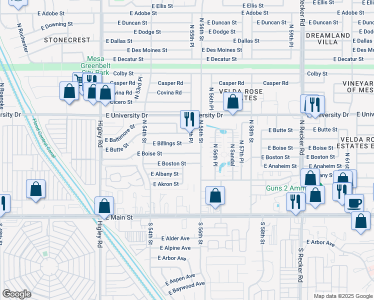 map of restaurants, bars, coffee shops, grocery stores, and more near 5533 East Boise Street in Mesa