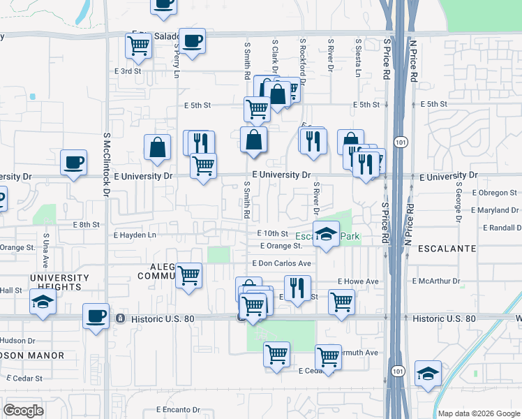 map of restaurants, bars, coffee shops, grocery stores, and more near 30 East Mobile Home Park in Tempe