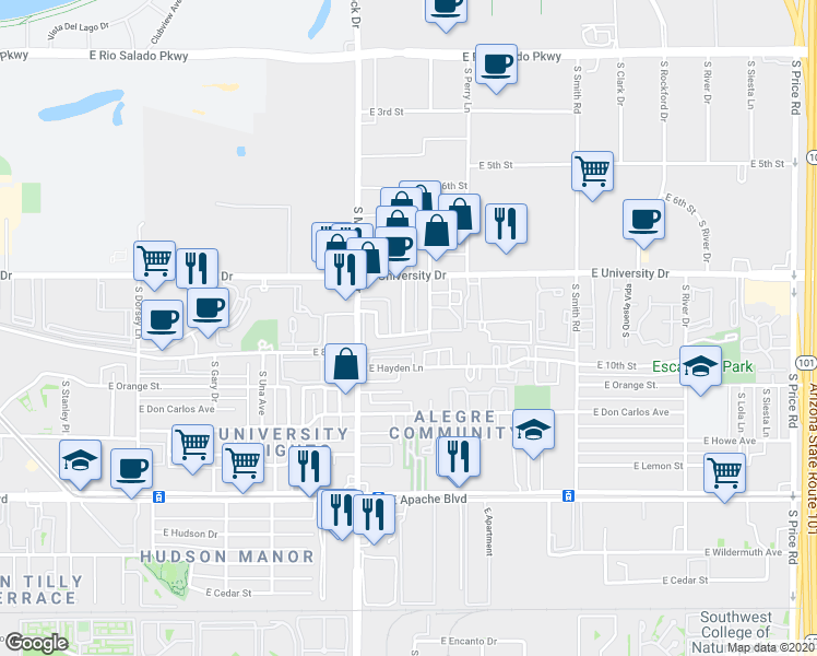 map of restaurants, bars, coffee shops, grocery stores, and more near 1827 East Kirkland Lane in Tempe