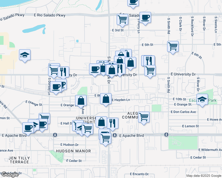 map of restaurants, bars, coffee shops, grocery stores, and more near in Tempe