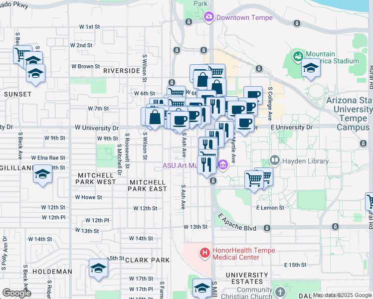 map of restaurants, bars, coffee shops, grocery stores, and more near 905 South Ash Avenue in Tempe