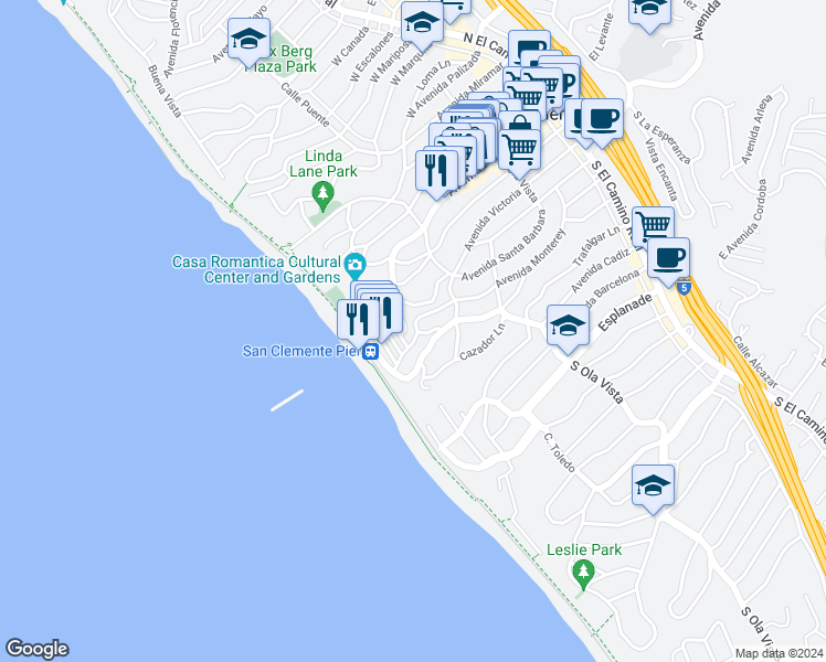 map of restaurants, bars, coffee shops, grocery stores, and more near 504 Monterey Lane in San Clemente