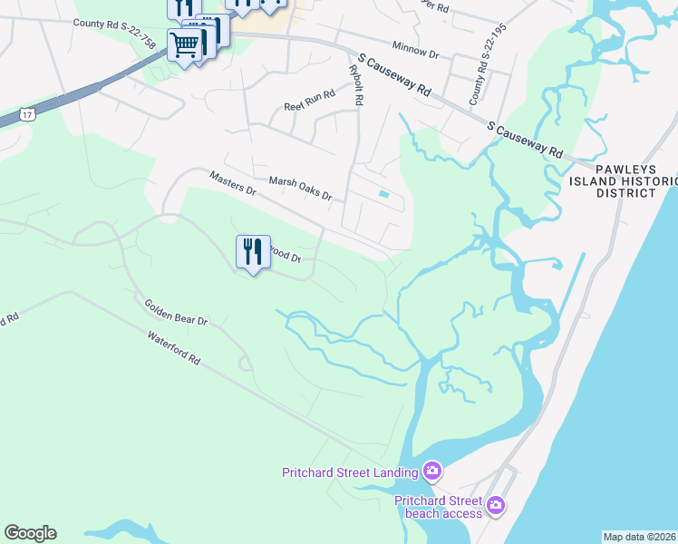 map of restaurants, bars, coffee shops, grocery stores, and more near 116 Tanglewood Drive in Pawleys Island