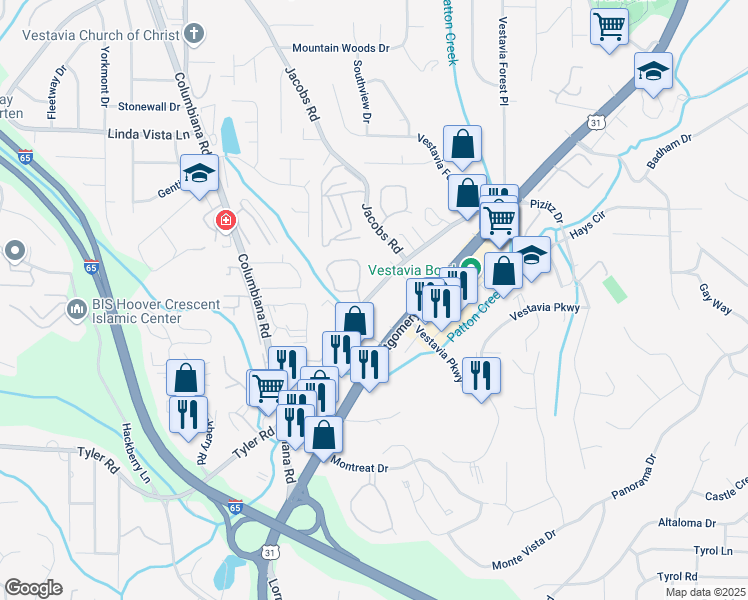 map of restaurants, bars, coffee shops, grocery stores, and more near 3029 Massey Road in Vestavia Hills
