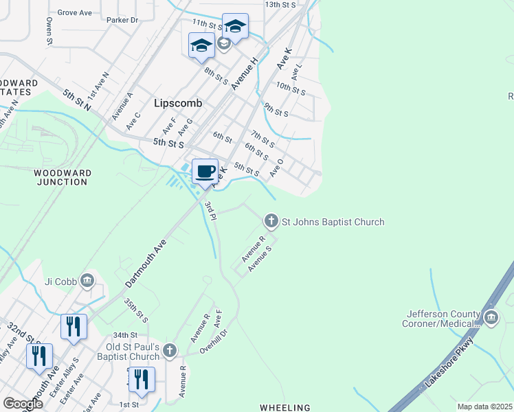 map of restaurants, bars, coffee shops, grocery stores, and more near 6204 4th Street in Bessemer