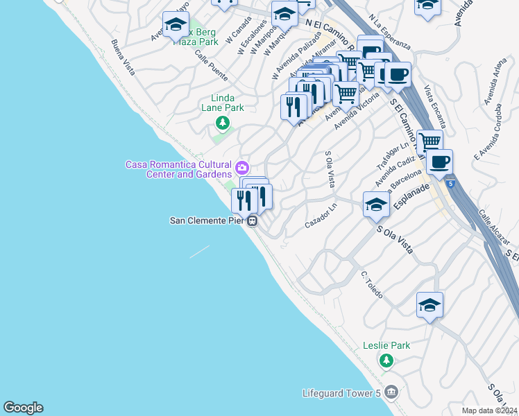 map of restaurants, bars, coffee shops, grocery stores, and more near 107 Coronado Lane in San Clemente