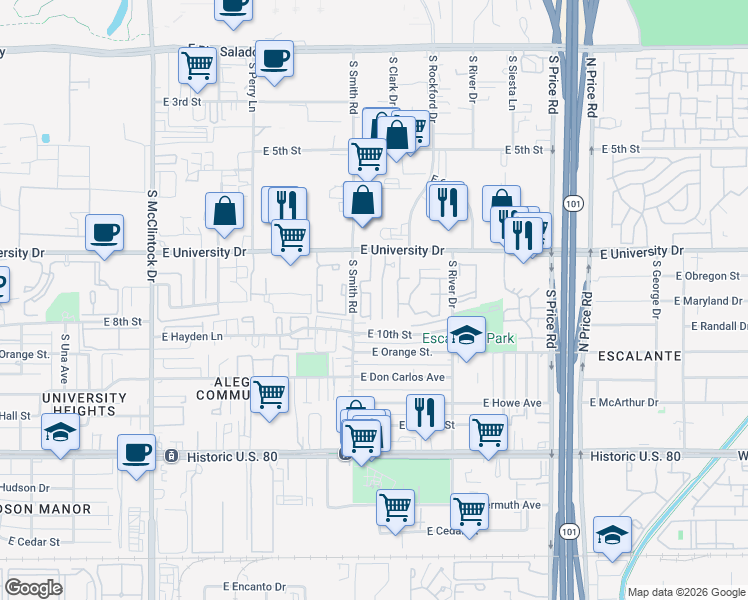 map of restaurants, bars, coffee shops, grocery stores, and more near 30 East Mobile Home Park in Tempe