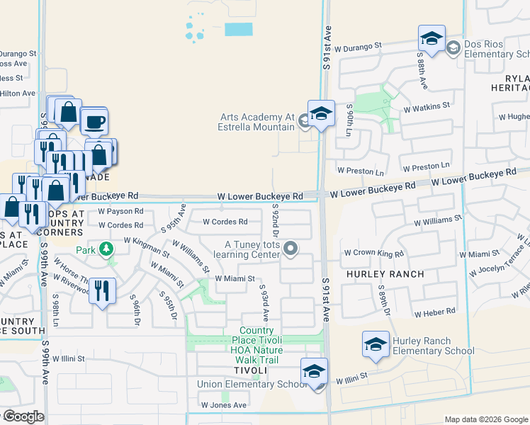 map of restaurants, bars, coffee shops, grocery stores, and more near 2823 South 93rd Avenue in Tolleson