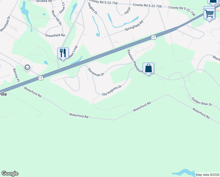 map of restaurants, bars, coffee shops, grocery stores, and more near 310 Old Augusta Drive in Pawleys Island