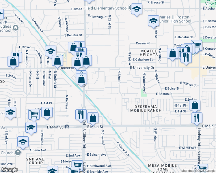 map of restaurants, bars, coffee shops, grocery stores, and more near 220 North 22nd Place in Mesa