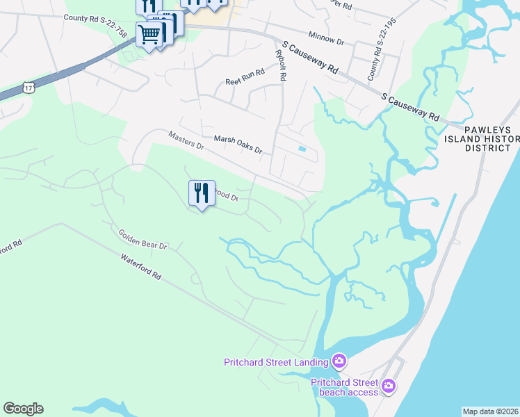 map of restaurants, bars, coffee shops, grocery stores, and more near 116 Tanglewood Drive in Pawleys Island