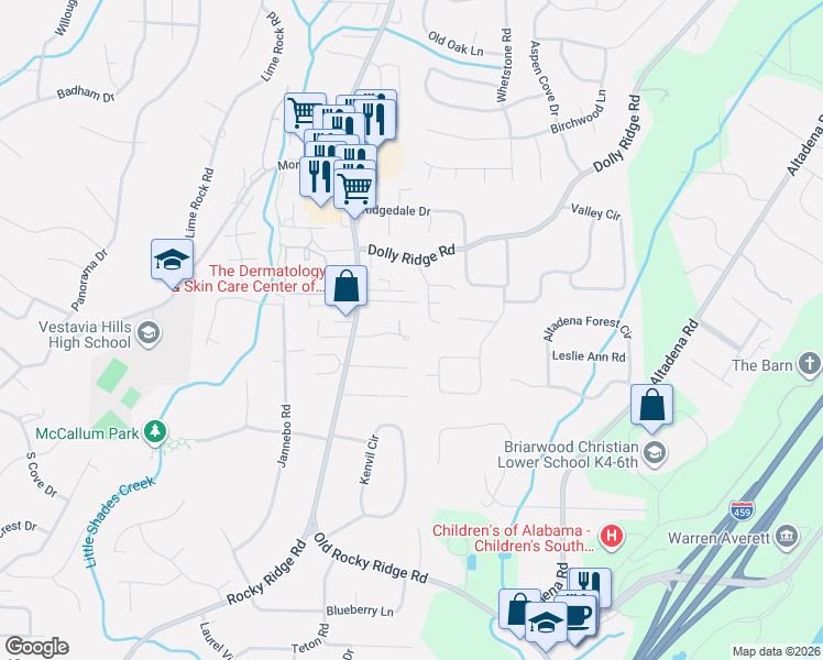 map of restaurants, bars, coffee shops, grocery stores, and more near 3420 Ridge Dell Circle in Vestavia Hills